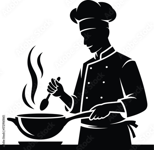 Chef cooking in wok food steam