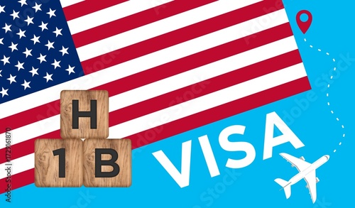 H-1B visa written on wooden cubes with American flag, airplane, and destination on point illustration.
