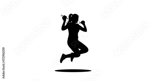 Energetic silhouette woman joyfully jumping with chopsticks, celebrating vibrant lifestyle moments