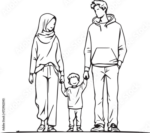 Family trio holding hands in black-and-white line illustration showing unity, love, and cultural identity