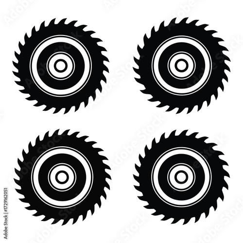 Four circular saw blades with jagged edges and concentric circles design silhouette