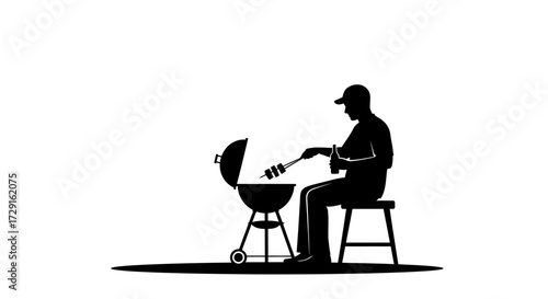 Man grilling skewers and holding a drink, enjoying a relaxed summer barbecue outdoors