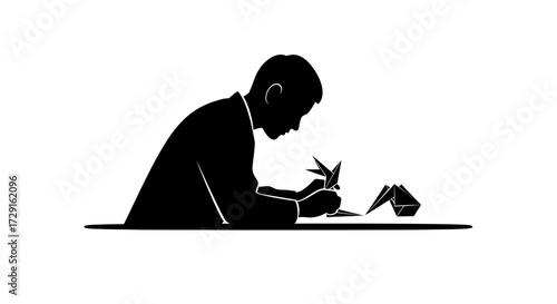 Focused businessman meticulously crafts origami on desk, symbolizing patience and precision in business development.