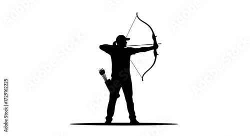 Silhouette of focused archer skillfully aiming bow and arrow for target practice success outdoors