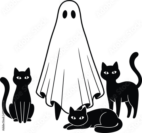 Vector illustration of ghost with three black cats, spooky Halloween silhouette design, creepy festive artwork for horror decoration and seasonal themes