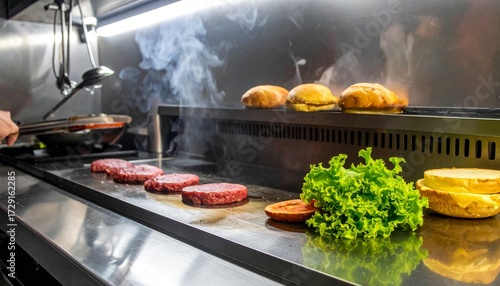Chef grilling beef patties for burgers on a smoky stainless steel griddle in a professional kitchen.