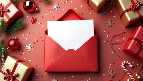 Festive Red Envelope with Blank Card and Christmas Ornaments