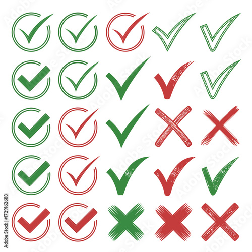 Icon Set Set of grunge check mark and cross icons hand drawn vector design elements for approval and