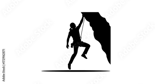 Determined climber conquers steep rock face, reaching for new heights with grit and strength