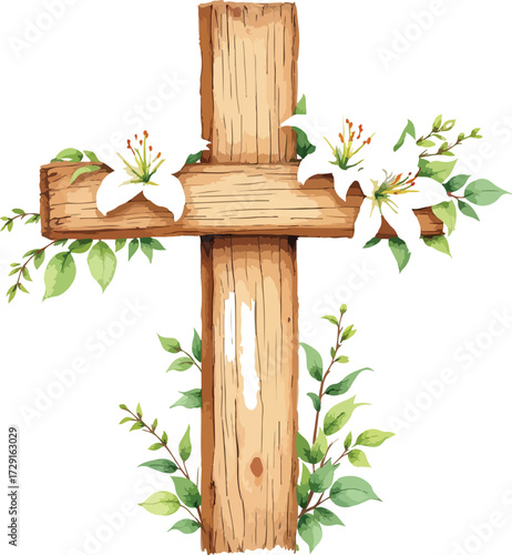 Wooden cross with white lilies and green foliage in symbolic black-and-white religious line illustration