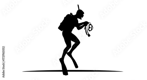 Dynamic silhouette of a scuba diver with gear preparing for underwater exploration adventure