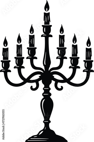 Vector illustration of vintage candelabrum with seven burning candles, ornate silhouette design, spooky Halloween decoration, classic ceremonial artwork for festive themes