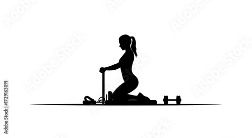 Silhouette of a woman in a pilates pose with equipment, conveying strength and discipline.