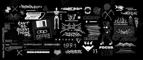 Brutalism graphic box, universal fashion and futurism elements for techwear label, retrofuturistic and brutalism aesthetics. Y2K vibe, acid rave. Cyberpunk 3D elements with lettering and HUD. Vector s