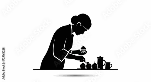 Skilled baker meticulously decorating cupcakes with cherry on top, serving coffee