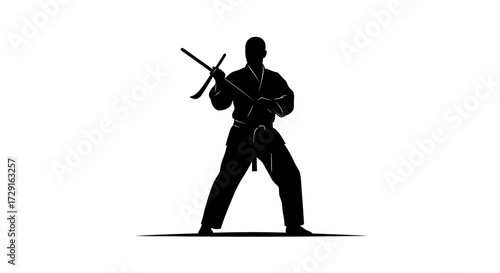 Dynamic martial artist silhouette skillfully wields nunchucks in powerful combat stance