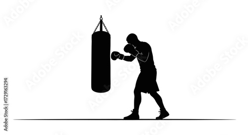 Determined boxer silhouetted, striking a heavy bag with intense focus and power during training