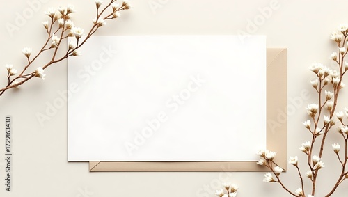 Minimalist card mockup with beige envelope and delicate white flowers on neutral background