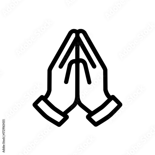 Outline drawing of two hands pressed together in a praying or thankful gesture on a white background