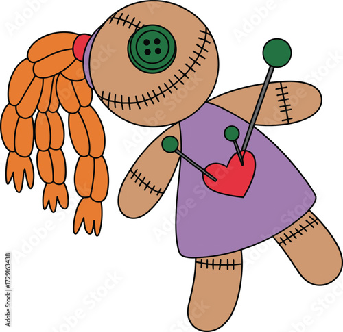A Sad Voodoo Doll with Braided Orange Hair, a Button Eye, and Three Pins Poking a Red Heart on its Purple Dress, Symbolizing Bad Luck Vector.
