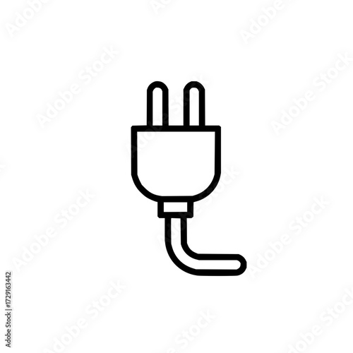 Illustration of a simple black and white electrical plug with two prongs and a cord extending out horizontally