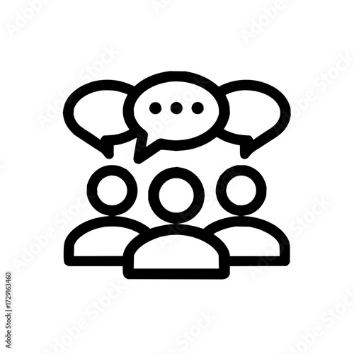 Three stylized figures with speech bubbles above them indicating communication and conversation icon style 100