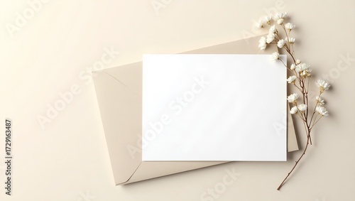 Realistic blank card mockup with beige envelope and white flowers on minimalist background