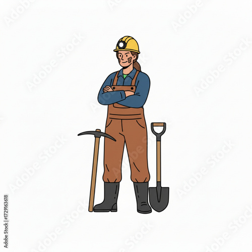 A miner wearing a helmet and overalls is standing confidently with arms crossed, next to a pickaxe and a shovel.
