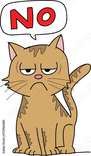 A Grumpy and Slightly Annoyed Cartoon Cat Character with Stripes, Saying a Definite "NO" in a Speech Bubble, Representing Refusal or Disagreement Vector Art.