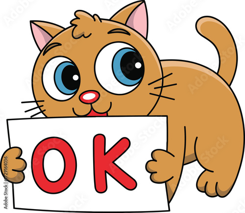A Cute and Wide-Eyed Cartoon Cat Character with Big Blue Eyes, Holding Up a Sign with the Red "OK" Text, Signaling Approval or Agreement Vector Art.