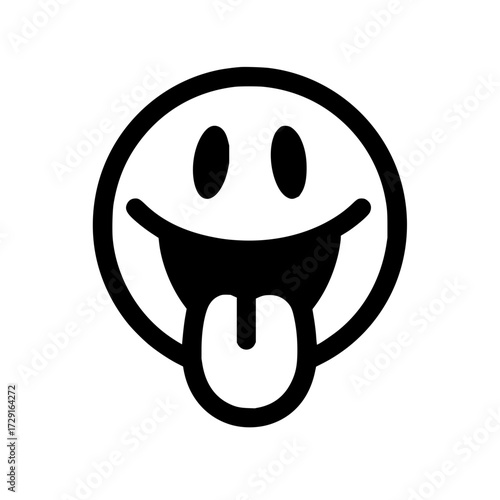 A black and white simple smiley face with its tongue sticking out in a playful and silly manner