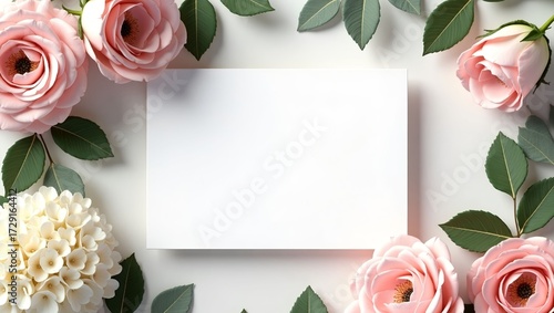 Blank Paper with Pink Roses and Hydrangea Flowers on White Background
