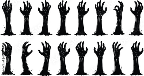 Vector illustration of zombie hands silhouettes rising from ground with grass, spooky Halloween horror design elements, creepy undead artwork for decoration themes