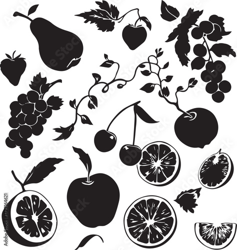 Fruit silhouette set with citrus, apples, berries, grapes, and pears in black-and-white vector line art