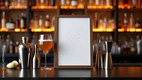 Blank Wooden Frame Mockup with Cocktail Glass on Bar Counter