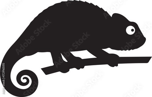 Silhouette of a cute chameleon on a branch with curly tail