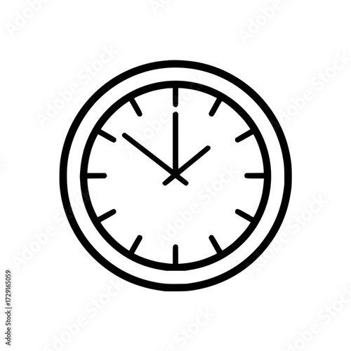 Illustration of a simple round clock with hour and minute hands on a white background showing time