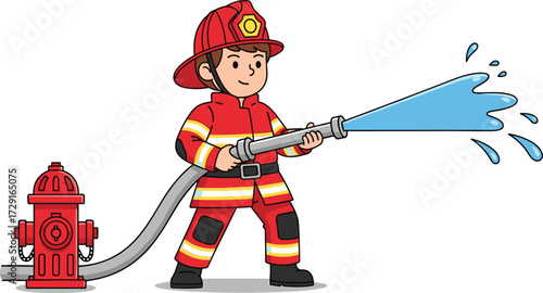 Cartoon firefighter spraying water with fire hose, child in uniform, fire hydrant illustration, emergency safety concept, rescue hero character drawing