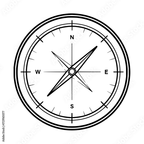A black and white compass illustration with north south east and west directions and needle pointing north