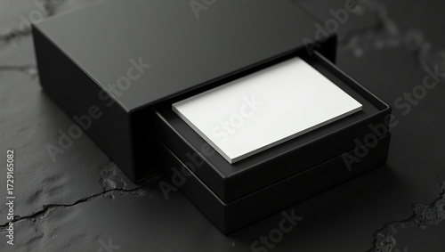 Luxury Black Box with Blank White Card Mockup on Dark Stone Background