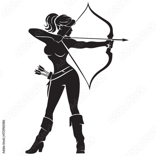 Silhouette of Fierce Female Archer in Dynamic Bow Pose – Vector Art