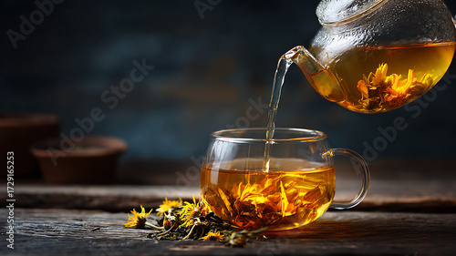 Luminous Golden Flower Tea Poured from a Glass Teapot into a Glass Cup on a Rustic Wooden Table