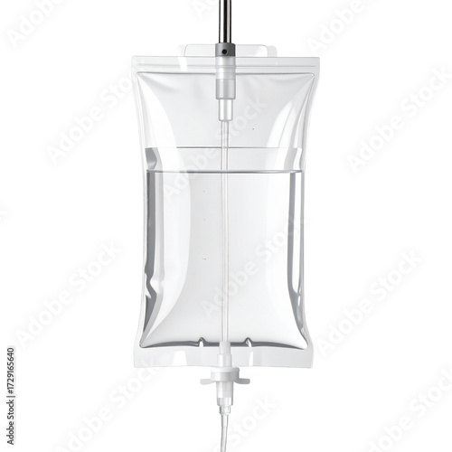 Sterile Medical IV Fluid Bag Hanging with Clear Liquid for Intravenous Infusion on Black Background