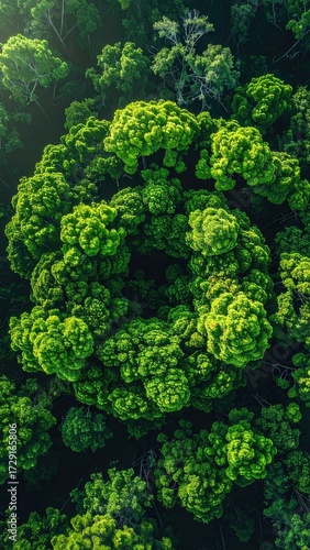 Aerial View of Vibrant Green Tree Canopy with Dense Foliage and Lush Texture Illuminated by Sunlight Creating a Natural Abstract Pattern
