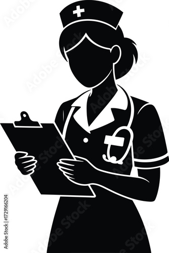 Black silhouette nurse holding clipboard medical healthcare