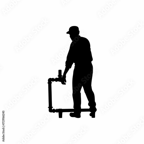 Silhouette of worker repairing water pipeline in poultry shed isolated on white background