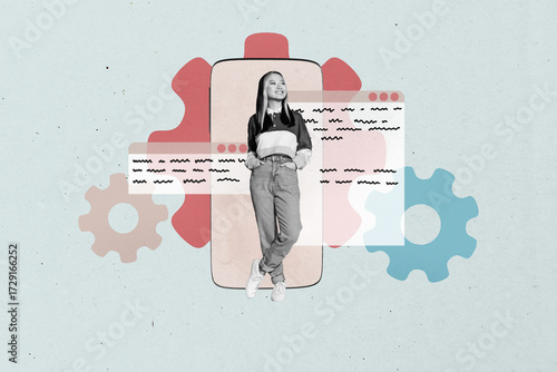 Image trendy art banner collage of happy businesswoman businessman stand phone freelancer browsing gearwheel progress mechanism
