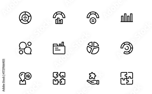 Modern Analytical Reasoning Icons Pack. Flat and linear icons of puzzles, strategy, and brain activities for websites, apps, and educational applications.