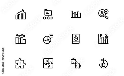 Creative Logic and Analytical Reasoning Icons Set. Includes modern illustrations of problem-solving, decision-making, and puzzles in flat and outline styles.