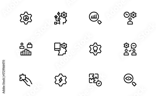 Professional Analytical Reasoning Icons Collection. Flat and minimal icons of thinking, puzzles, and problem-solving for web, UI, and business content.